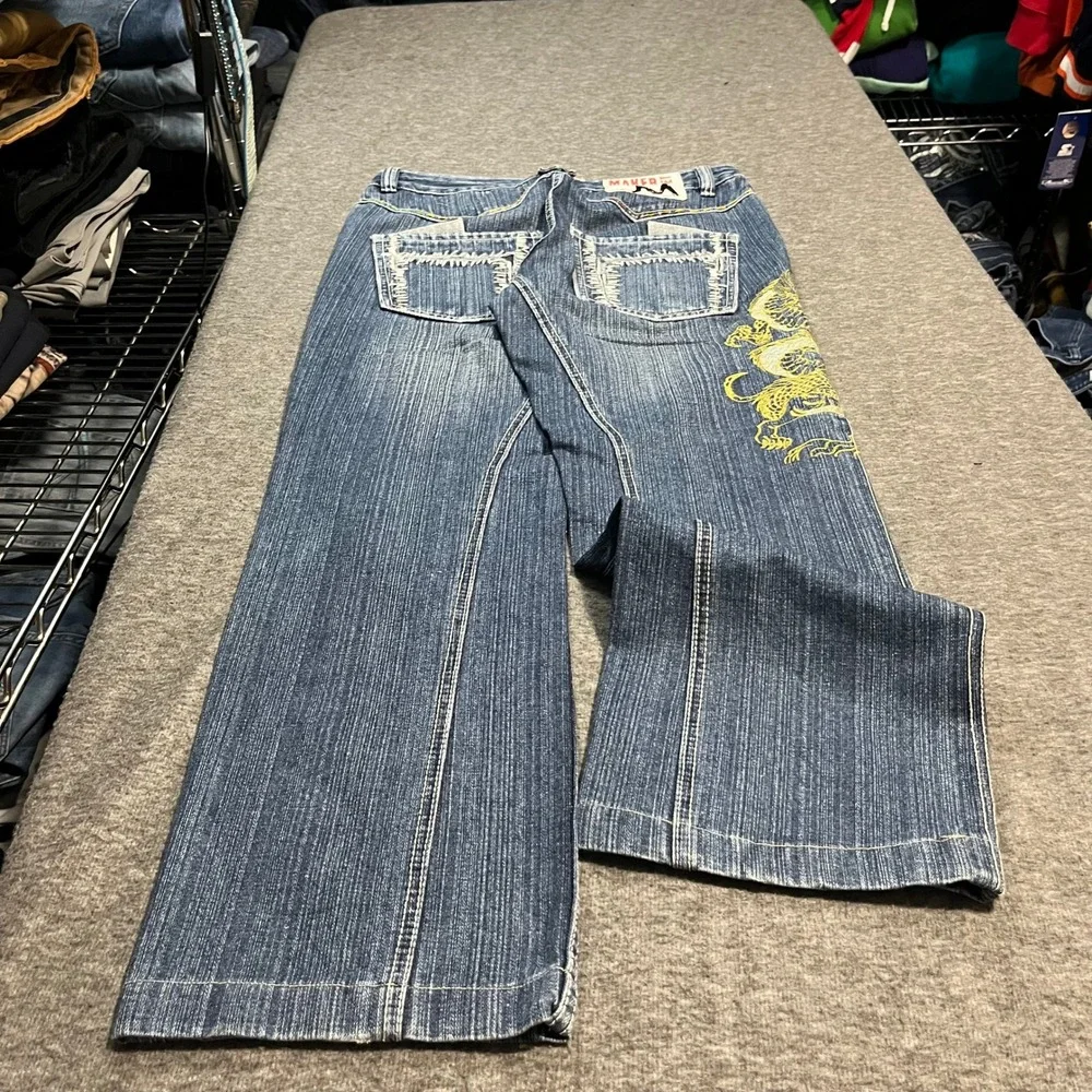 Maker Net Dragon Embroidered Wide Leg Skater Jeans Blue Denim 32x30 Y2K Baggy
